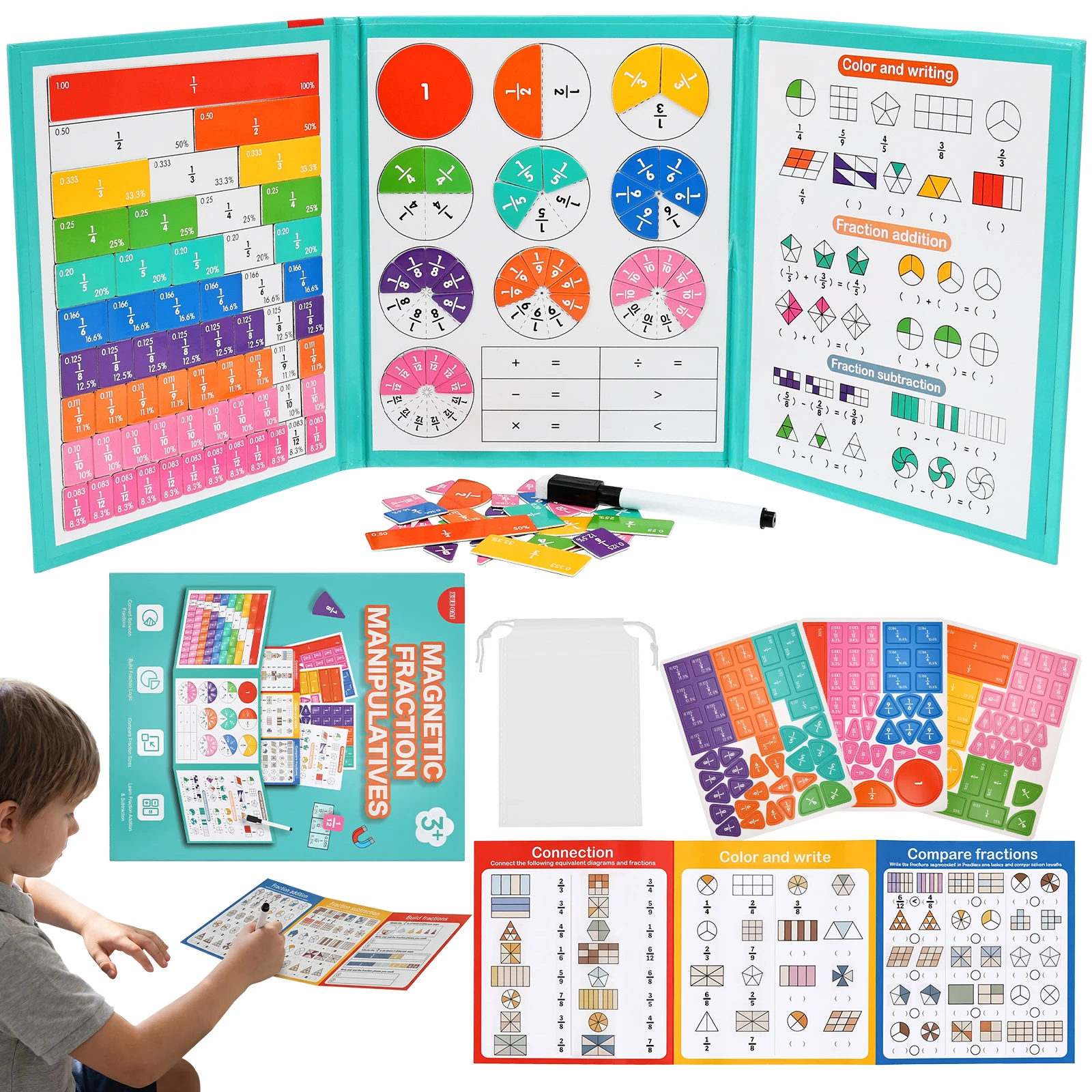 Math Manipulative Set - Buku Alat Peraga Pecahan Magnetik Montessori,