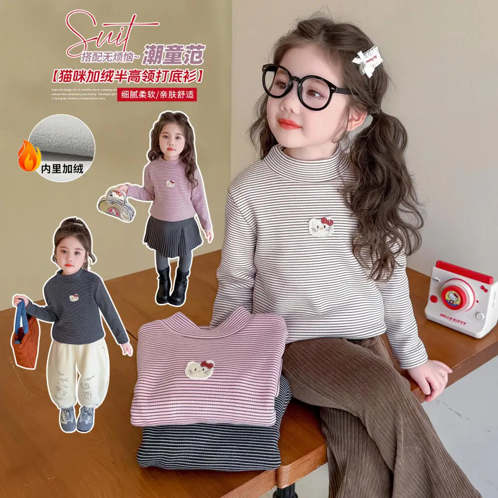 Толстовка Sanrio Hello Kitty для девочек, осенне-зимняя детская футболка с героями мультфильмов, повседневная бархатная нижняя рубашка с длинными рукавами, одежда