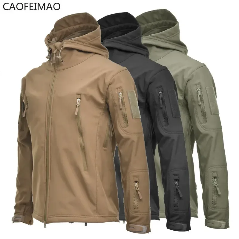 

Caofeimao Jacket Men Softair Army Jackets Techwear Waterproof Breathable Fleece Thermal Hooded Coats