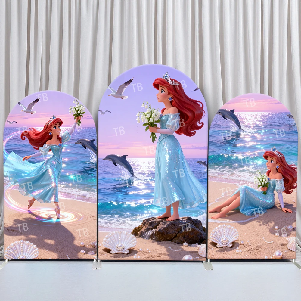 

Disney Ariel Arch Backdrop Cover Beach Bouquet Sunset Scene for Birthday and Baby Shower Party Photo Booth Decor Props