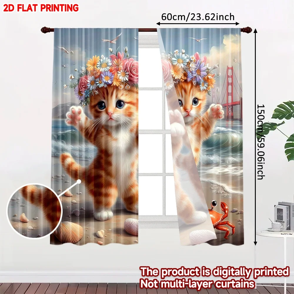2D flat printing 2pcs Drapes Dancing kittens by the sea Digital Printed Polyester Drapes Seasonal Party & Holiday Decor for