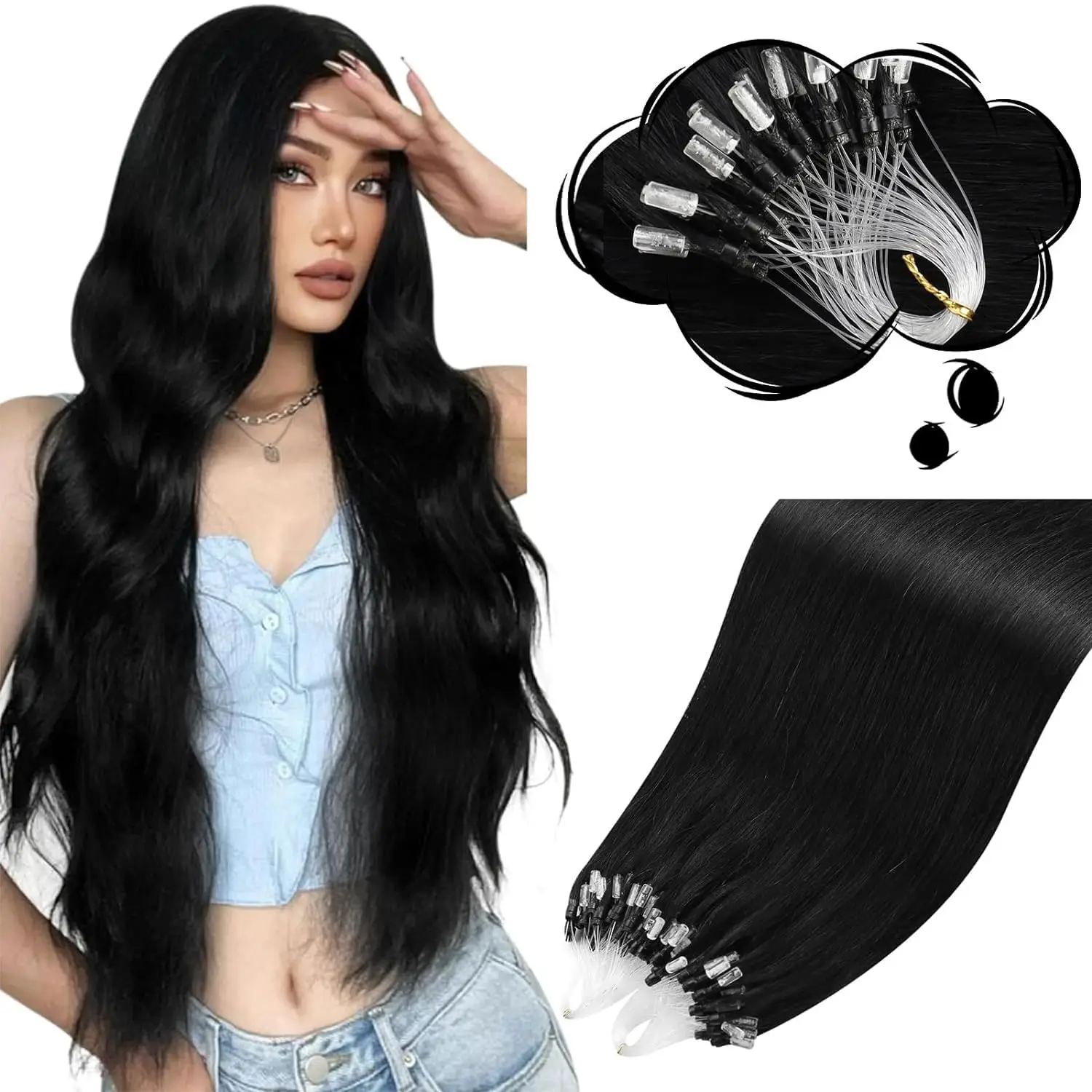 Microlink Hair Extensions Human Hair #1B Micro Bead Hair Extensions Real Human Hair 50G/50S 24Inch Micro Link Hair Extensions