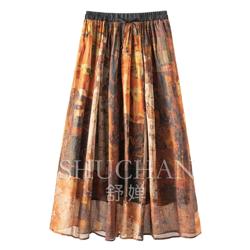

Oil Painting Artistic Sense, Bohemian, 100% Ramie High-waisted Swinging Skirt Women 6Z00 Long Skirts for Women