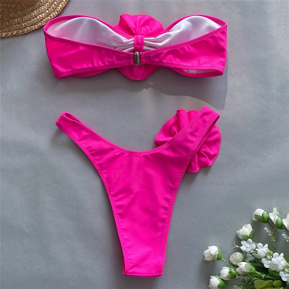 Bañador Bandeau con flores en 3D para mujer, microbikini con Tanga, traje de baño Sexy con realce, conjunto de Bikini 2024