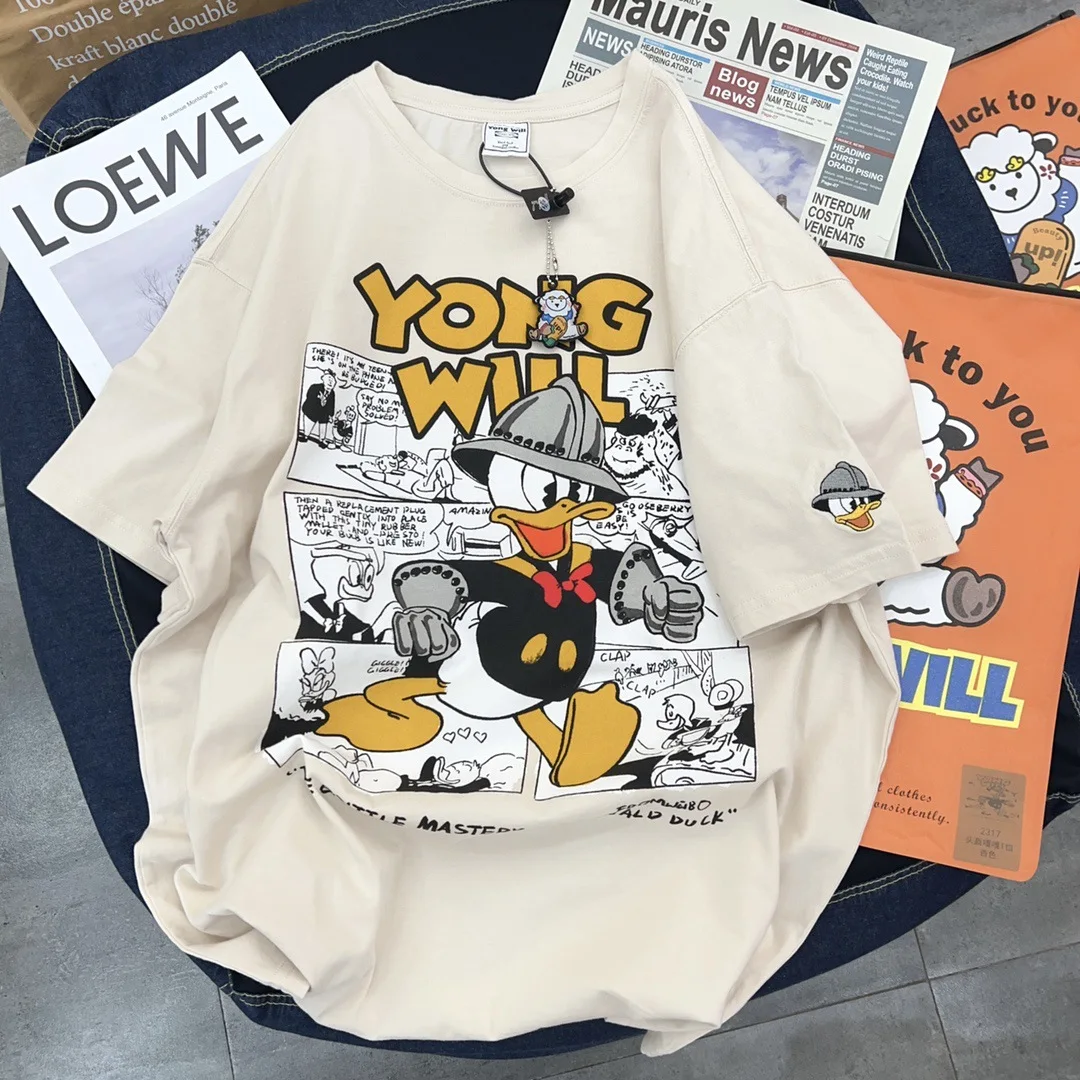 

Women's Loose-fit Regular Shoulder T-shirt with Donald Duck Cartoon Print, Combed Cotton European Style