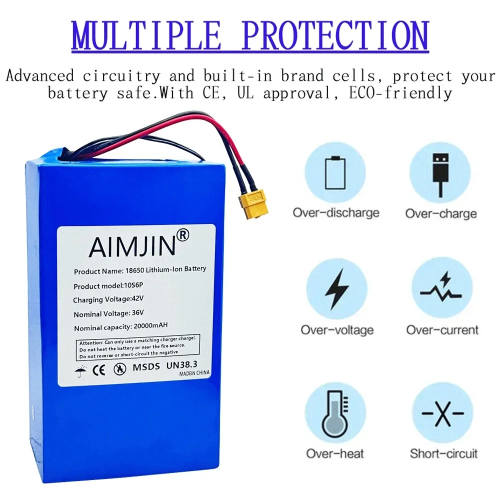 36V 20000mAh 10S6P 18650 Lithium-ion Rechargeable Battery Pack Built in BMS Suitable for Electric Scooter Battery+42V 2A Charger