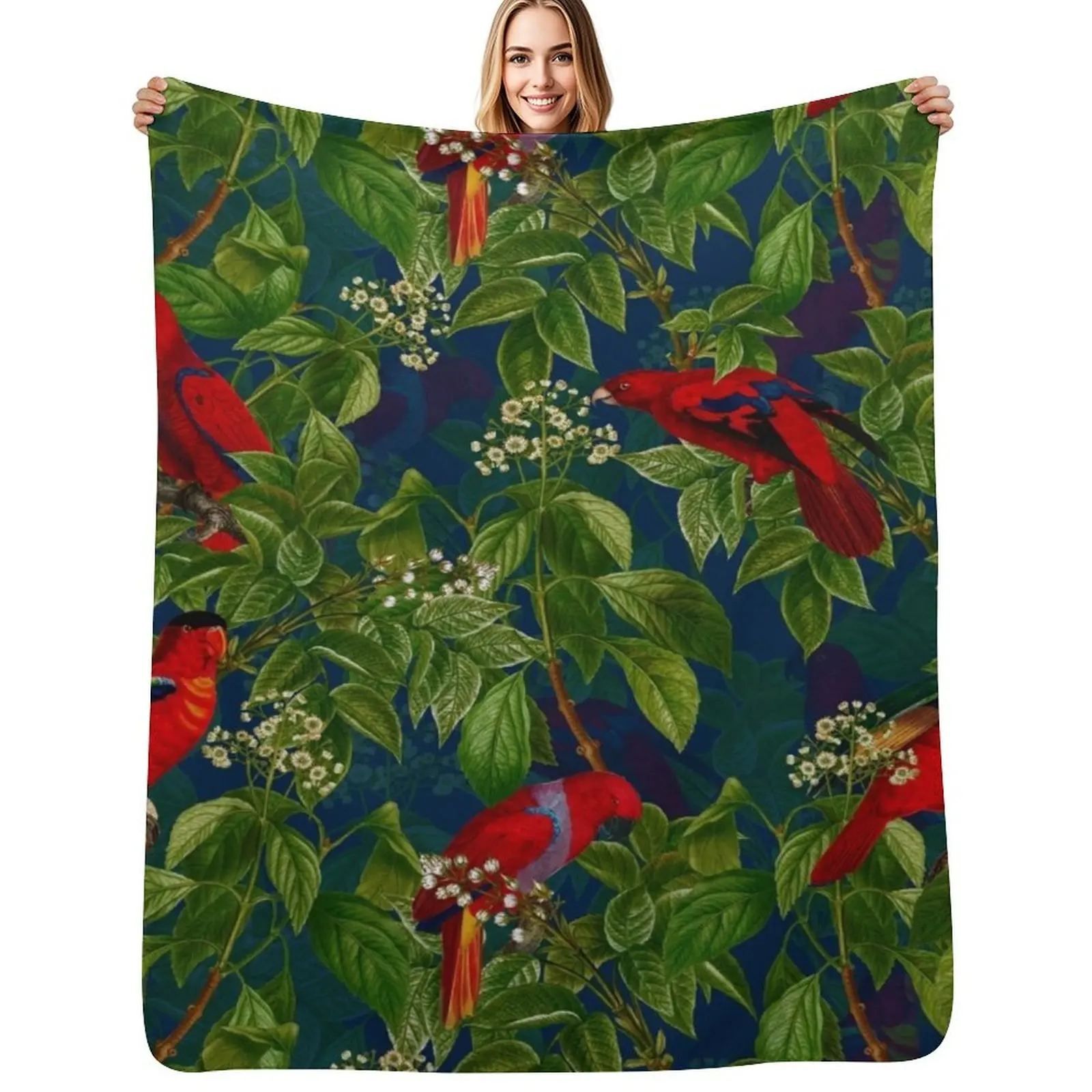 

Vintage Red Parrot in Green Jungle Pattern Throw Blanket Cozy Sofa Blanket for TV Watching Napping