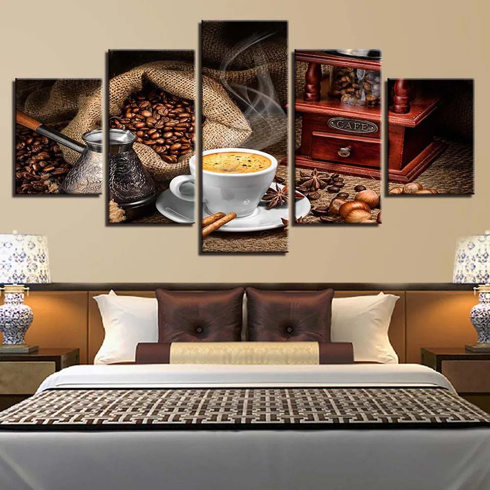5 Pieces Canvas Art Coffee Artistic Decor Painting Modular Poster Print Living Room Dining Room Mural Wall Picture Framework