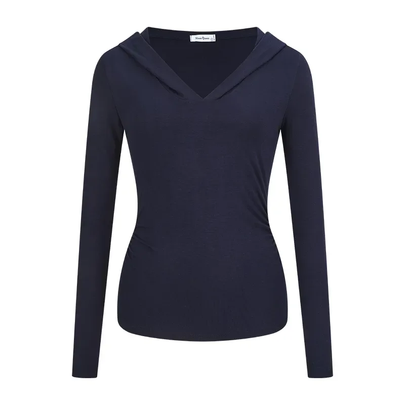 Women Hooded V Neck Ruched Long Sleeve Slim Fit Yoga Casual Basic Tee Top