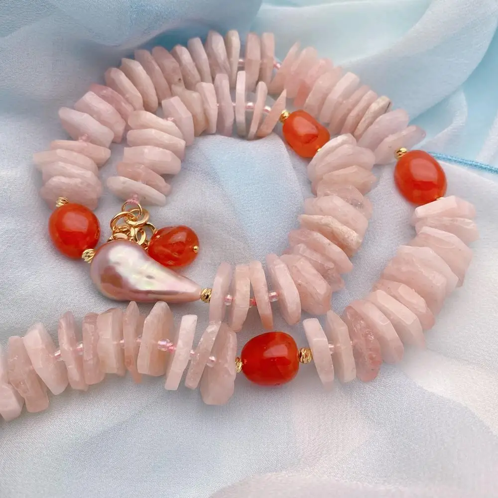 Y·YING Natural Pink Morganite Slice Red Carnelian Cultured Purple Baroque Pearl Necklace