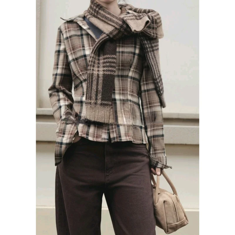 Autumn New Women's Casual Plaid Long Sve Turn-down Collar Slim-fit irt Comfortable Breathable Polyester Fiber Resistant ...