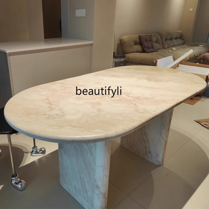 Natural Cave Stone Long Table High-End Home Nordic Mid-Ancient Restaurant Marble Dining Table