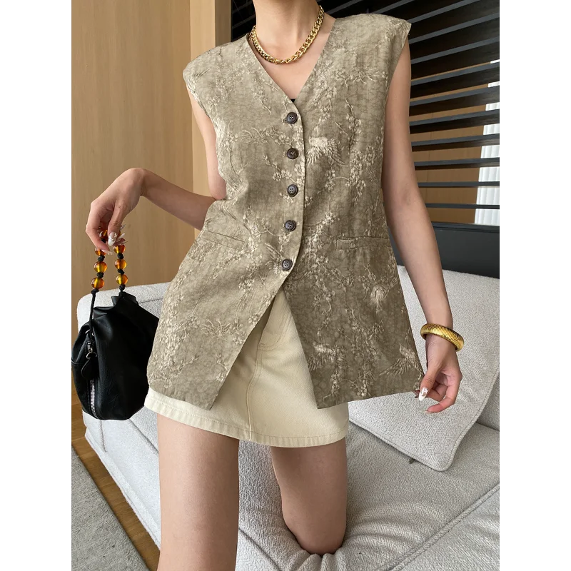 Kobiety Vintage szary na co dzień żakard z dekoltem w serek kamizelka bez rękawów moda koreańska elegancka biuro Khaki zielony mały zapach topy damskie lato