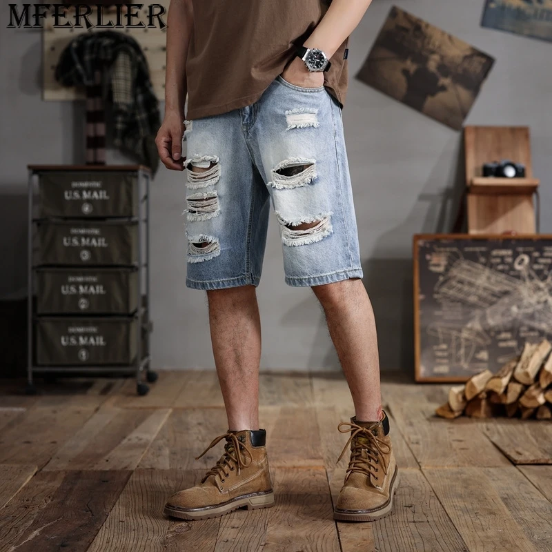 

Summer broken holes denim shorts men summer large size cotton half horse trousers washed shorts trousers 42 44 46 48