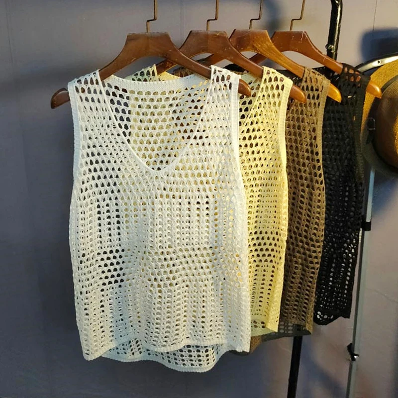 

Женский вязаный крючком топ без рукавов, ажурный вязаный жилет на бретельках, пляжное накидка на бретельках, летняя одежда в стиле бохо для девочек-подростков