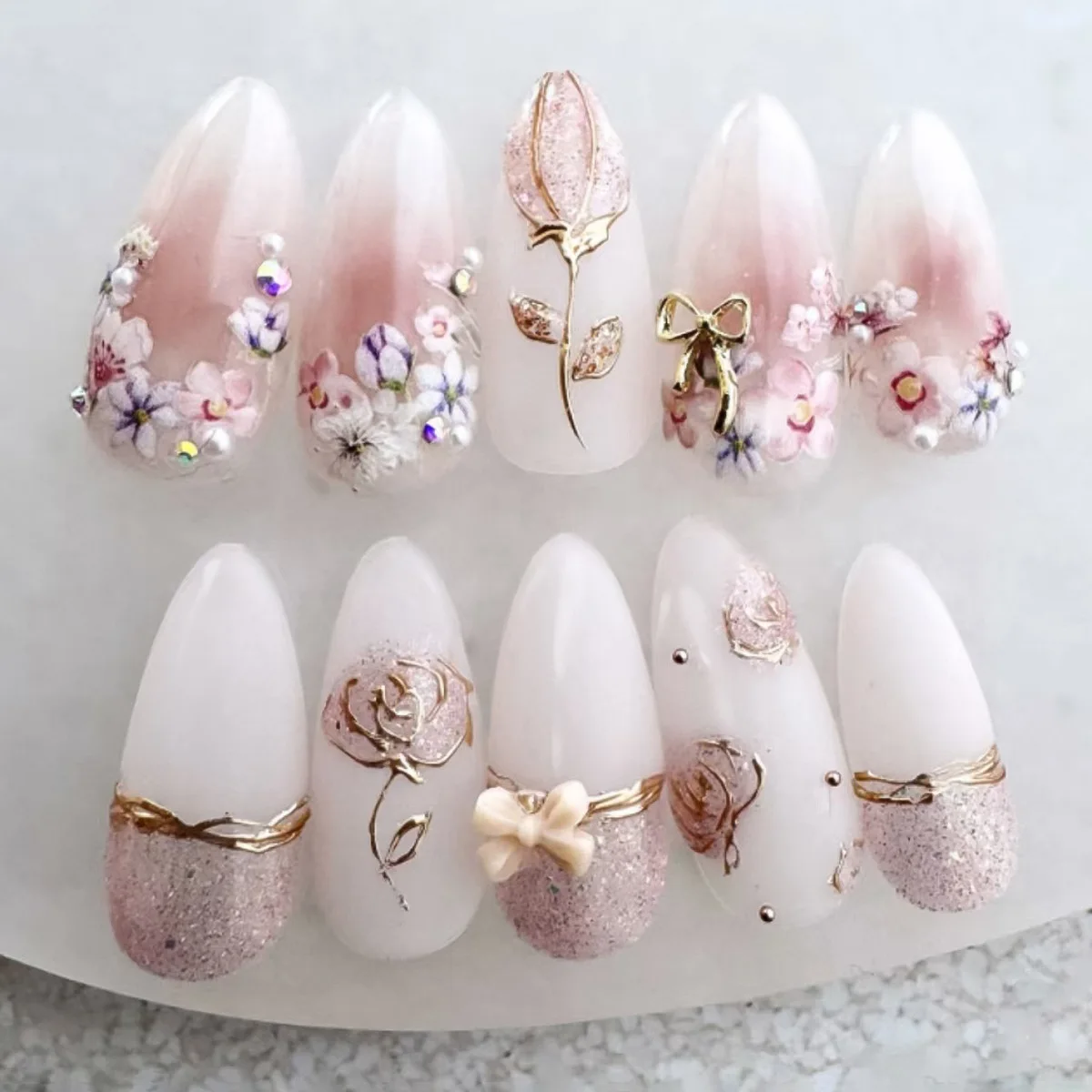 24pcs/set Medium fake nails for women girls 3D embossed flowers fruit shell rhinestones design Almond tips press on false nail