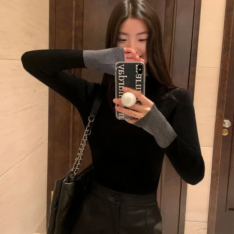 

Autumn Winter Long Sleeve Half Turtle Neck T-Shirt Women's Contrast Color Design Slim Fit Versatile Temperament Bottoming Top