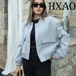 HXAO Women's Jackets Demi-Season Cropped Bomber Jackets Woman Spring Autumn Long Sleeve Solid Coats Button Baseball Jacket Women