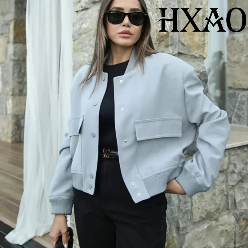 HXAO Women's Jackets Demi-Season Cropped Bomber Jackets Woman Spring Autumn Long Sleeve Solid Coats Button Baseball Jacket Women