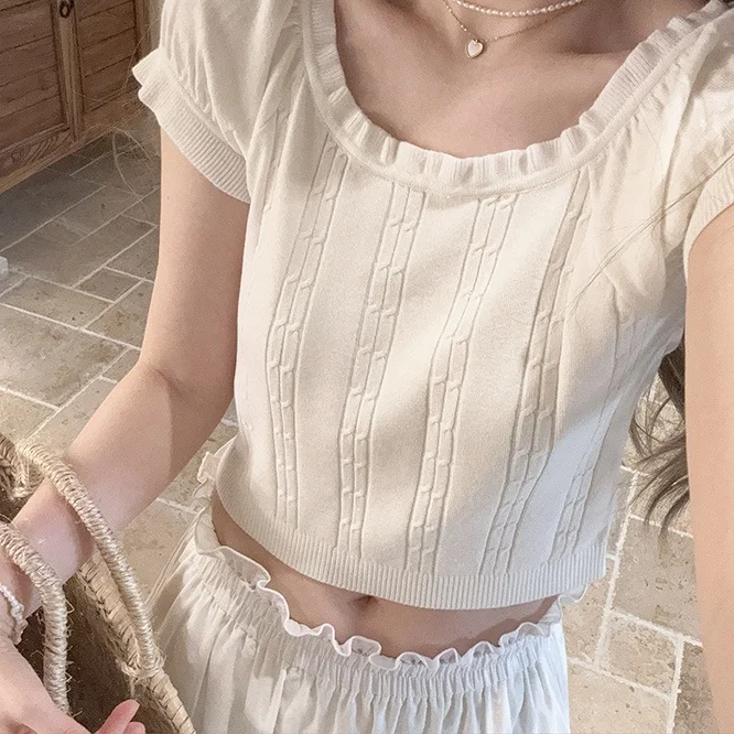

Yarn ort Knitted irt Vintage Lace Collar oulder Insert Sve Pure Color round Ne Summer Faion Women's Top