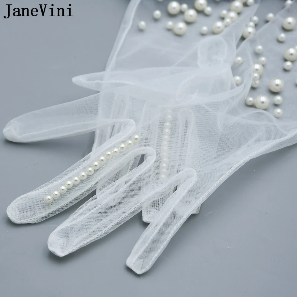 JaneVini-guantes de novia con perlas para mujer, guantes de boda con dedo, lujo elegante, Handschuhe Damen, guante de tul transparente blanco