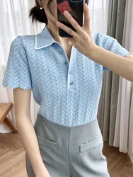 Women Wave Edge Sweater Hollow Out Turn-down Collar Short Sleeve Sweet Summer 2024 Knitted Pullover