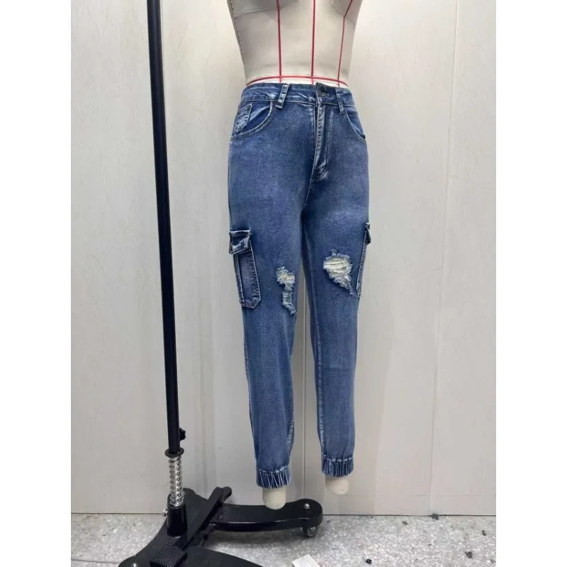 

Y2k Jeans For Woman Distressed Stretch Skinny Elastic Ankle Cargo Pants With Multiple Pockets