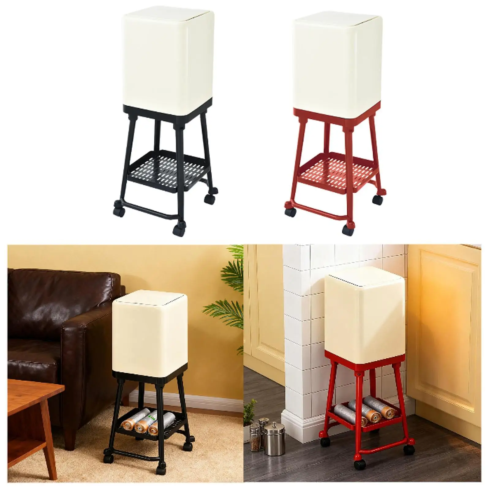 바퀴 달린 쓰레기통 이동식 쓰레기통 창의적이고 하단 선반 높은 발판