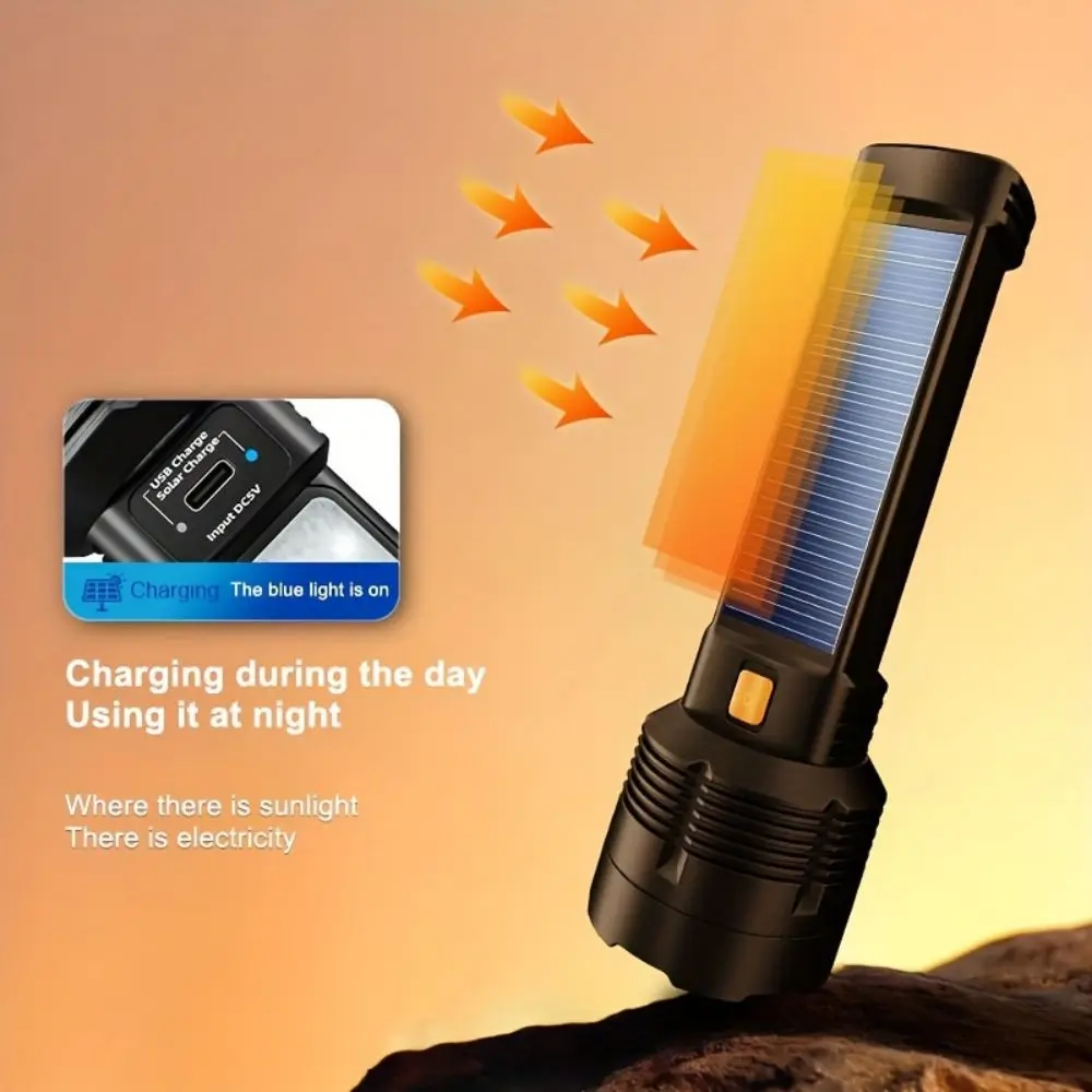 Solar Powered LED Flashlight  COB Side Light  USB Rechargeable  Spotlight for Camping Hiking Fishing