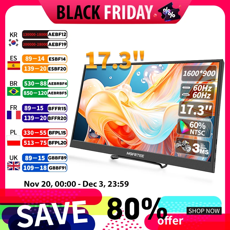 17.3 Inch Mobile Portable Monitor External Screen Game PC Display HDMI-Compatible For Switch Laptop xbox