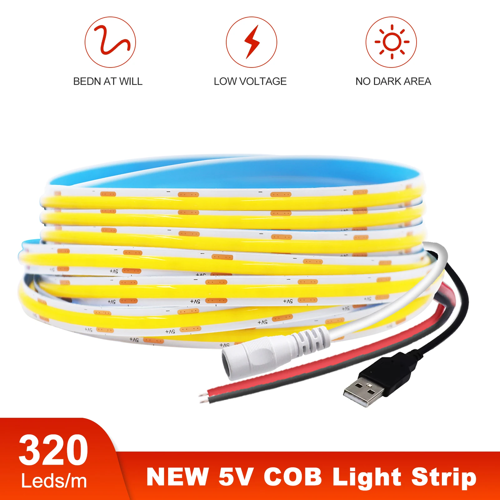 

USB 5V COB LED Strip Light 320LEDs Flexible LED Tape 8mm High Density Linear Lighting with Adhesive Tape Cabinet TV Backlight