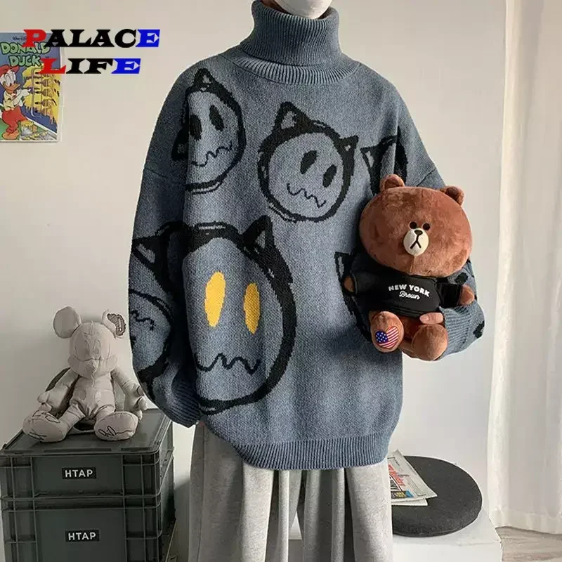 

Korean Literature Art Turtleneck Sweater Men Autumn Winter Lazy Style Knitted Sweater Cartoon Devil Print Wool Clothes Pullovers