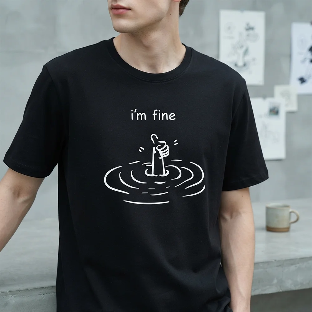 Men Im Fine Thumbs Up Drowning Print Short Sleeve Casual Graphic T Shirt Tee