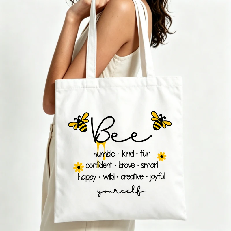 bee and flower graphic canvas tote bag with letter print, perfect for casual daily use and summer outings