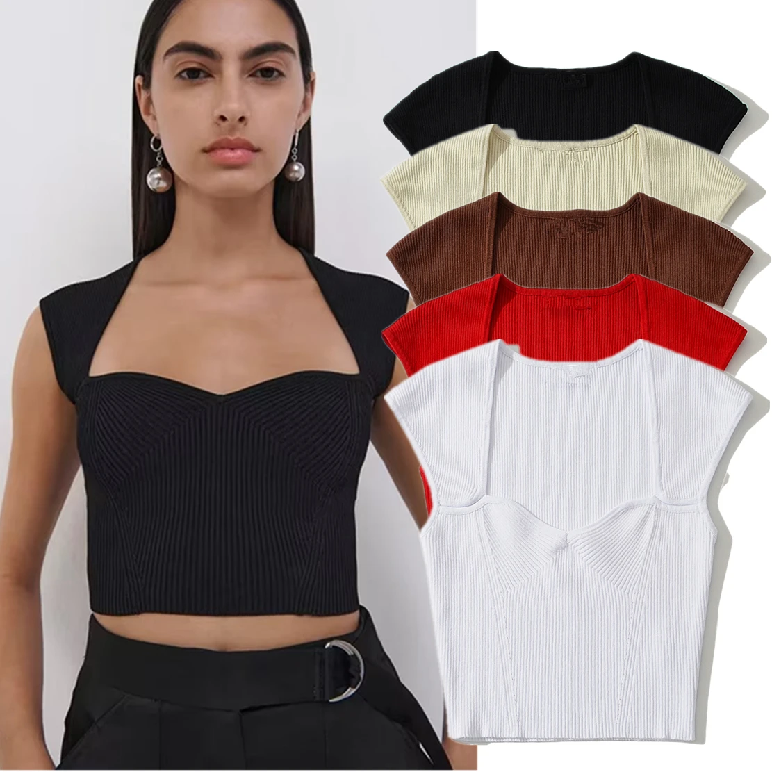 

Dave&Di Ins Fashion Blogger High Tshirts Women Street Sexy Crop Tops Retro Square Collar Short Knit