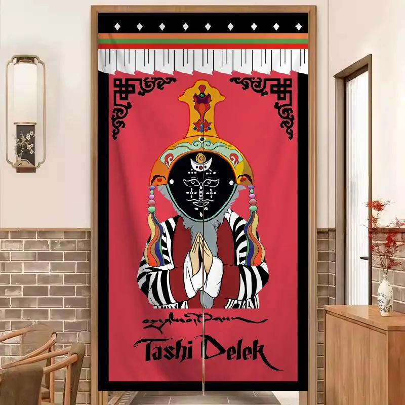 VIKAMA Traditional Tibetan Opera Mask Half-Curtain, Tashi Delek Ethnic Pattern Privacy Divider Curtain, Home Decor