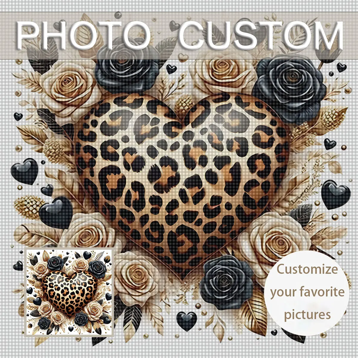 Custom Photo 5D Diamond Painting Kit - Heart Flower Theme, Featuring Luxurious Leopard Print Heart And Black Golden Rose Exquisi