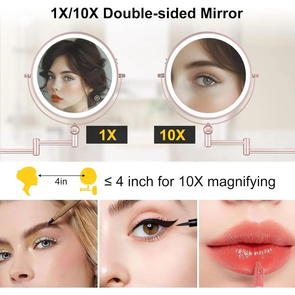 9 مرآة مكياج مثبتة على الحائط مضيئة LED مع تكبير مزدوج الجوانب قابل لإعادة الشحن، 360 درجة ° ذراع دوار، قابل للتعتيم باللمس، 3 ألوان #3