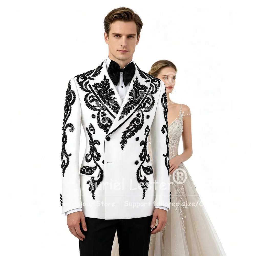 

Luxury Beaded Stones Suit Men For Wedding Double Breasted Jacket Pants 2 Piece Sets Groom Tuxedos Customized Male Fashion Outfit