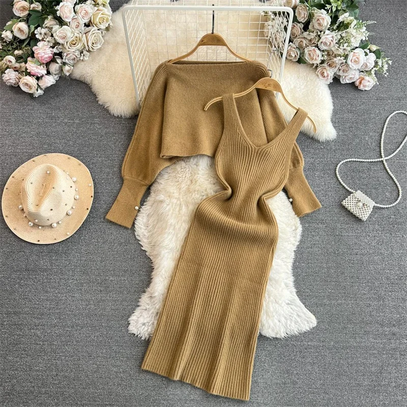 Autumn Lady Casual Knitted Dress Suit French Women Fashion Long DressesTwo Piece Suit Femme Long Sleeves Patchwork Vestidos 2PCS