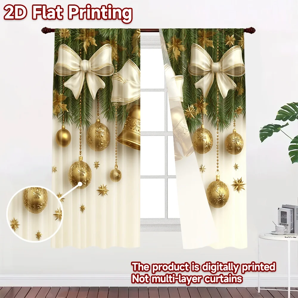 2D flat 2pcs Curtain Home Short Curtains Christmas Gold Bells Bows Digitally printed polyester, colorfast Festive Wall Decor Use
