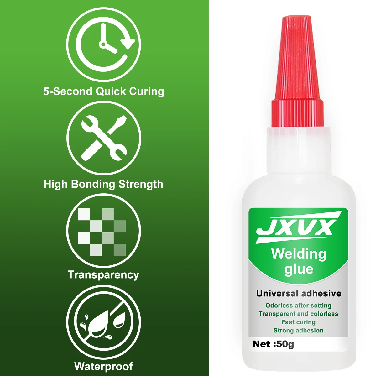 JXVX50g perekat transparan super universal berkekuatan tinggi untuk pengelasan, perekat perbaikan tanpa bekas, perekat instan yang kuat, perekat cair super untuk alat kaca dan keramik.