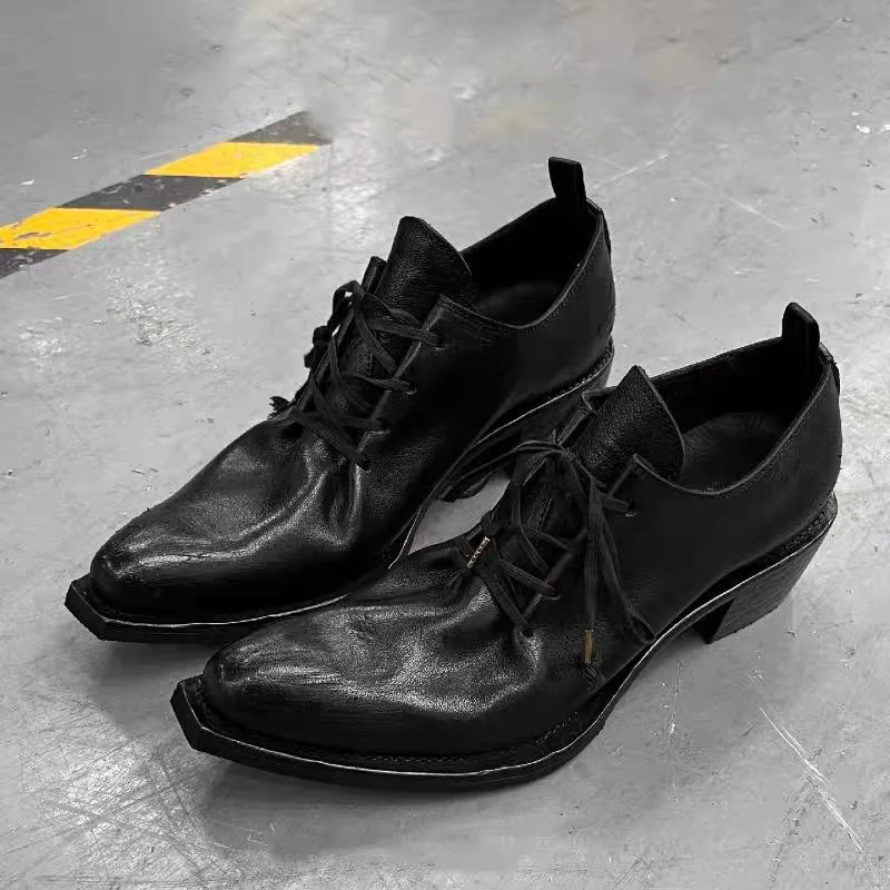 Quality Men's Gothic Black Leather Derby Shoes Pointed Toe Block Heel Lace Up Distressed Casual Dress Shoes for Men Streetwear