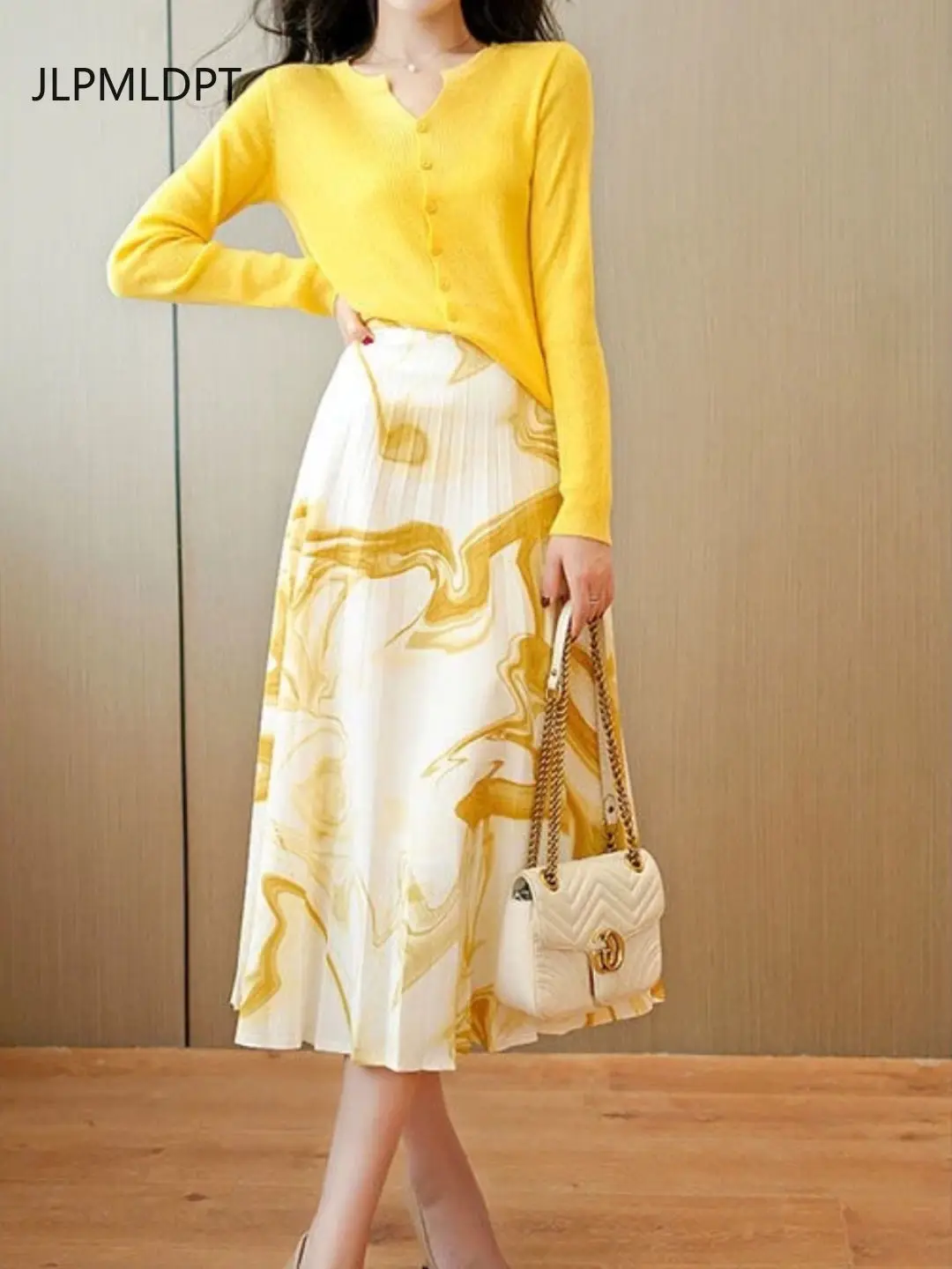 Spring and summer elegant drape high waist loose umbrella thin pleated skirt medium and long yellow skirt