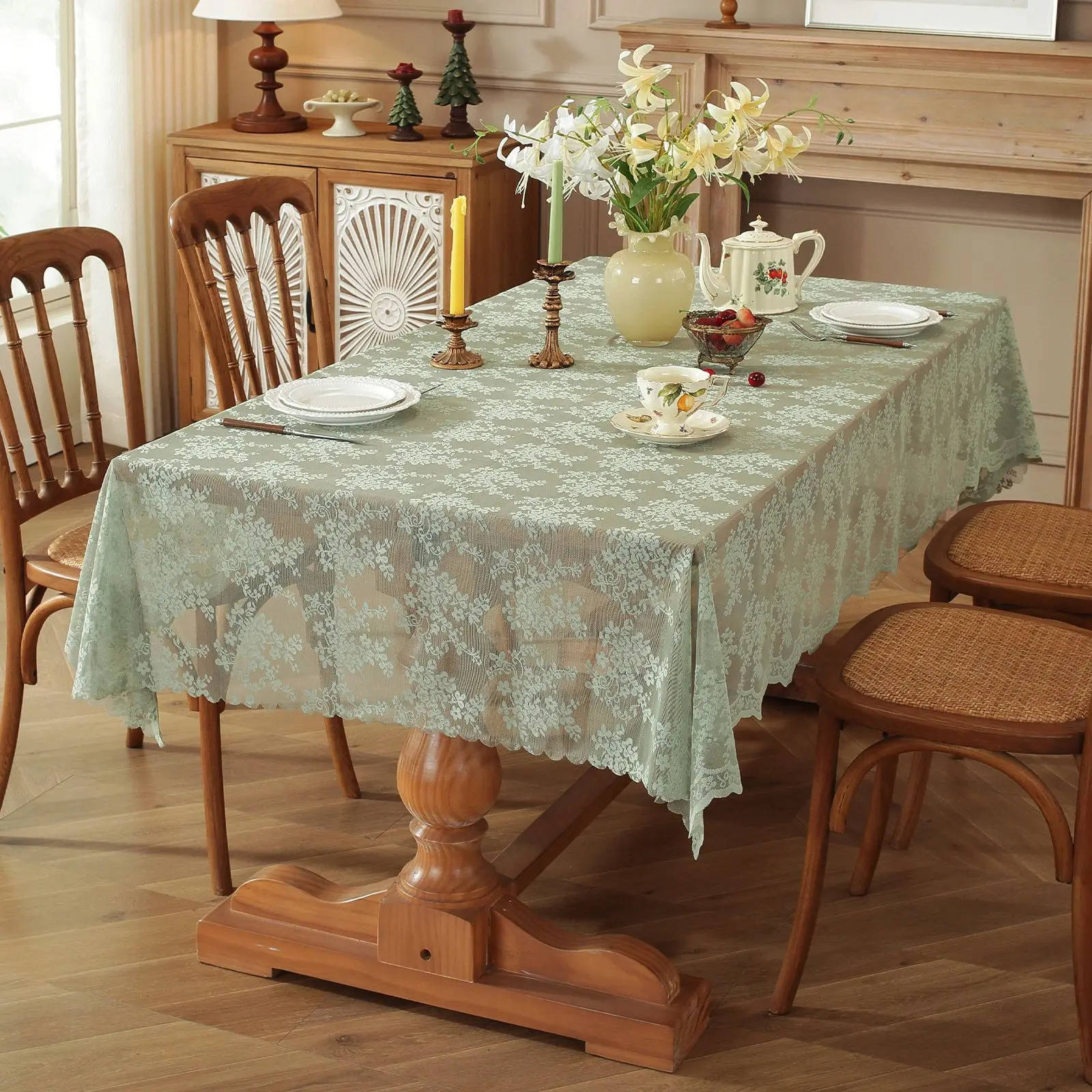 Artistic French Lace Tablecloth White Rectangular Hollowed out Table Fabric for Atmosphere Decoration