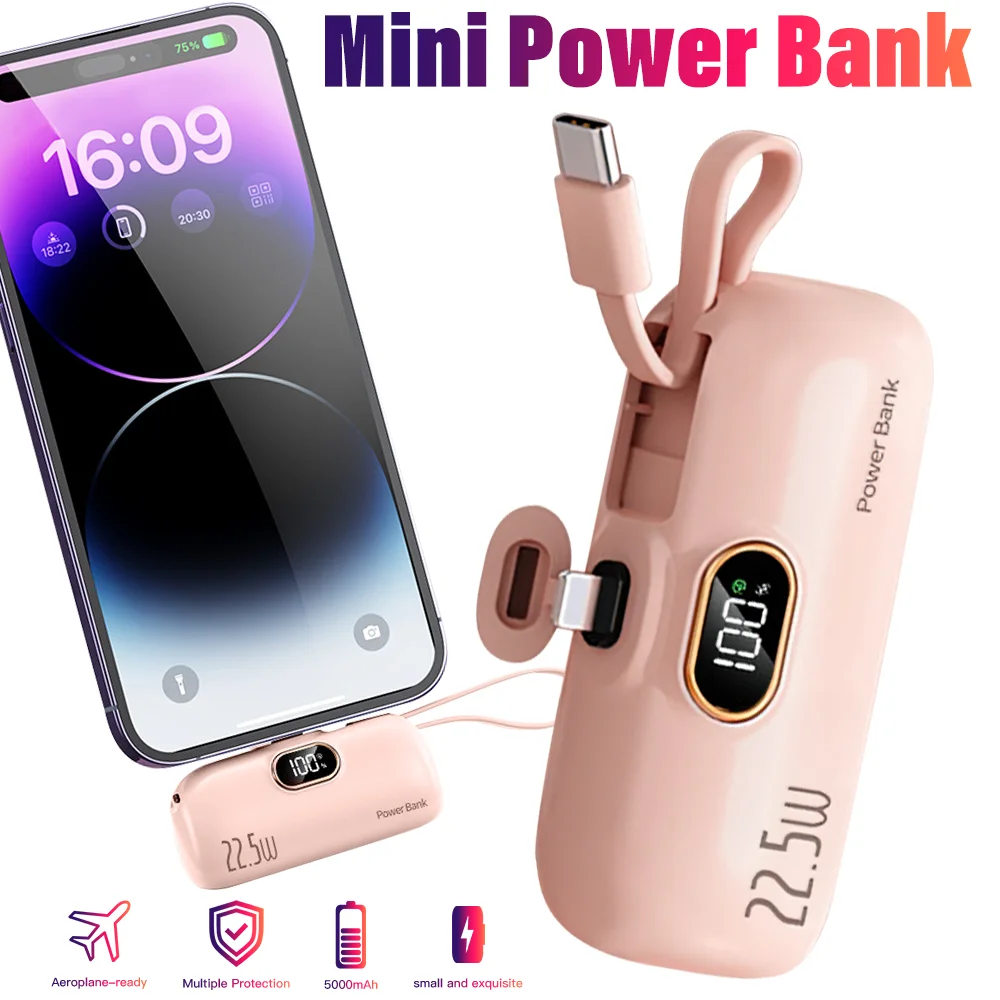 

Mini Portable Power Bank 5000mAh 22.5W Fast Charge LED Display Lightning/Type-C Plug Capsule External Battery Pack Powerbank