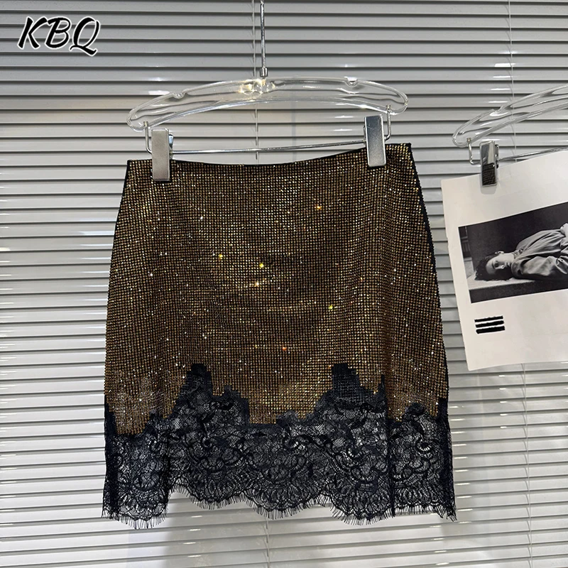 

KBQ однотонные свободные юбки с кружевной отделкой и блестками для женщин, дизайнерская вечерняя мини-юбка с высокой талией, женская мода, новинка зимы