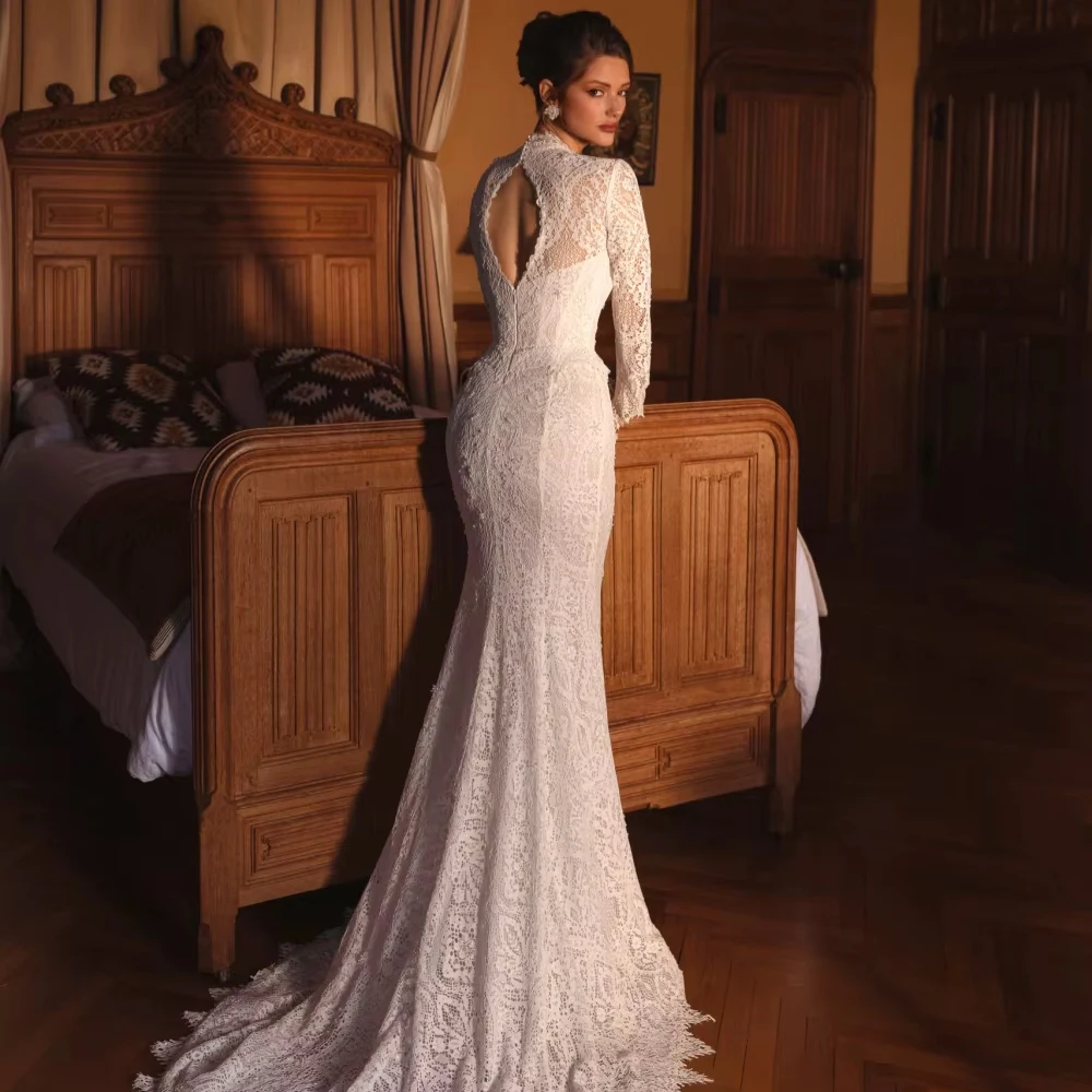 Customized New Arrival Beaded Lace Long Wedding Dress For Woman Bride Modest High Collar Graceful Mermaid Bridal Gown