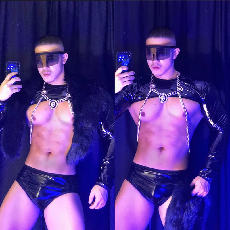 

Black Pu Leather Pole Dance Costume Adult Male Nightclub Bar Gogo Dance Performance Wear Muscle Man Dancer Sexy Outfit VDB4359