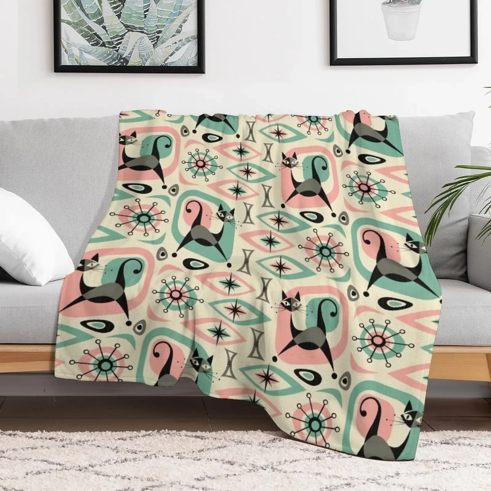 Mid Century Cat Abstract Throw Blanket Easy Care Comfortable Blanket for Couch